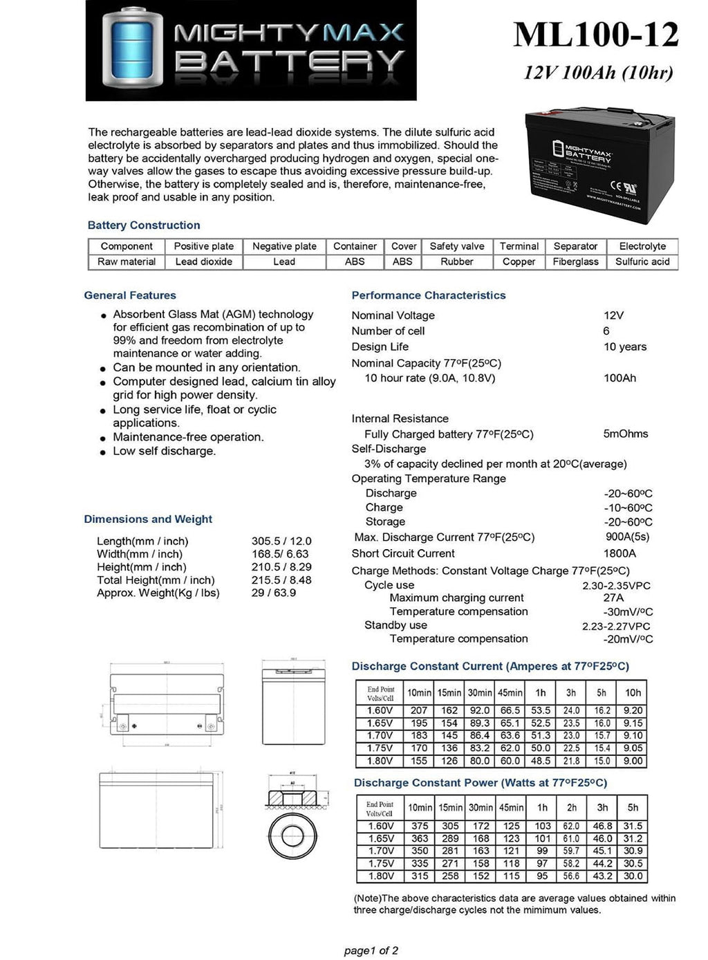 12V 100Ah SLA Battery For Kaddy E-Caddy Golf Cart