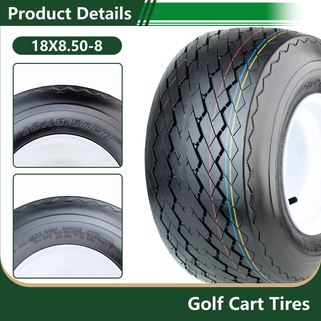 Hi-Run 4 Set SU15 18X8.50-8 4PR Golf Cart Tires Wheel Assembly & 8X7 4 Lugs on 4 PCD White Rim Fits 18X8.5X8, 18X8.5-8