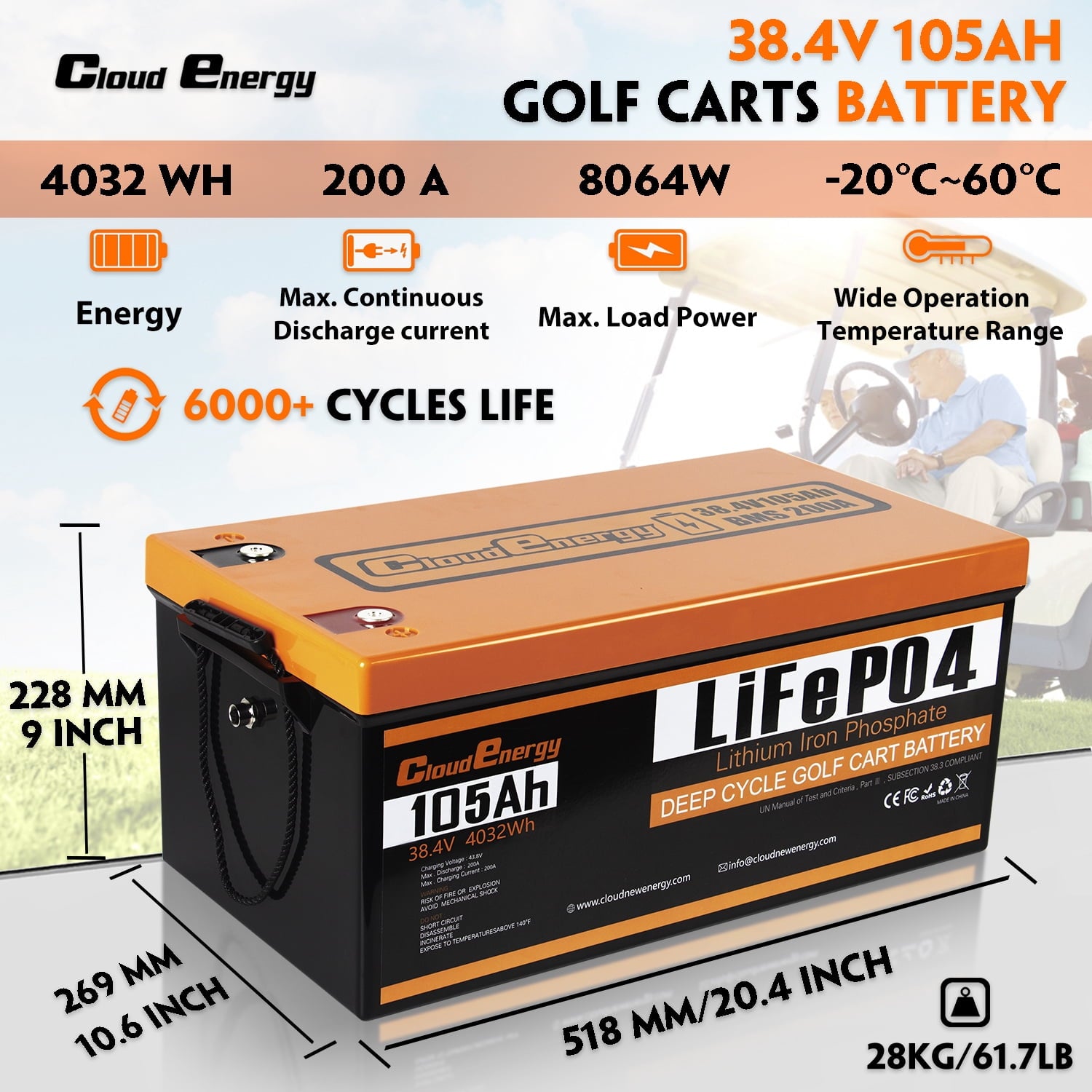 Cloudenergy 36V(38.4V) LiFePO4 Golf Cart Battery Built-in 250A Bluetooth BMS,with 20A Charger,Touch Monitor,6000+ Cycles,Perfect for Golf Carts,Trolling Motor(GFA36V-105Ah With Charger)