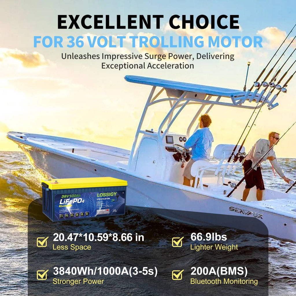LOSSIGY 36V 100AH Golf Cart Lifepo4 Battery with 36 volt 25A Lithium Charger, Prefect for Trolling Motor, Marine, Boat, Built in 200A Bluetooth BMS, Peak Current 1000A(3-5s), 10 Yrs Lifespan