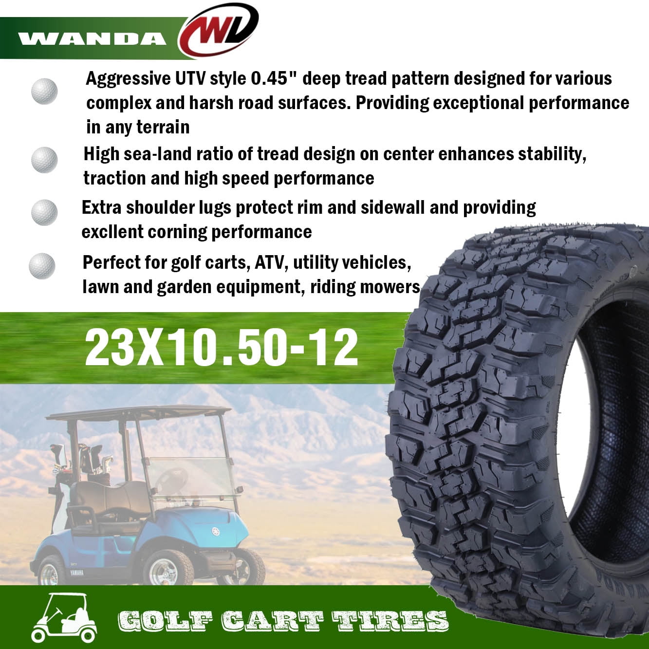 WANDA 23x10.5-12 All Terrain Golf Cart Tires 4 Ply 23x10.5X12 -Set 2 -14057