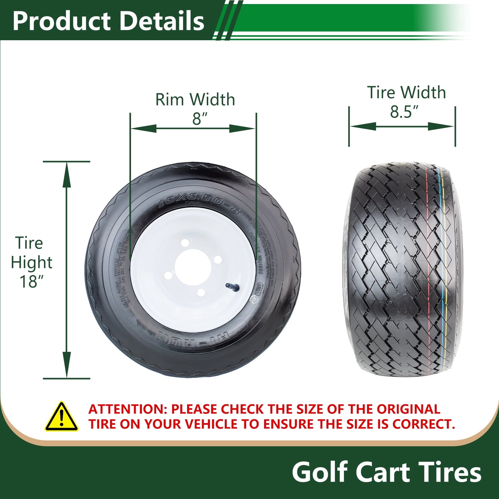 Hi-Run 4 Set SU15 18X8.50-8 4PR Golf Cart Tires Wheel Assembly & 8X7 4 Lugs on 4 PCD White Rim Fits 18X8.5X8, 18X8.5-8
