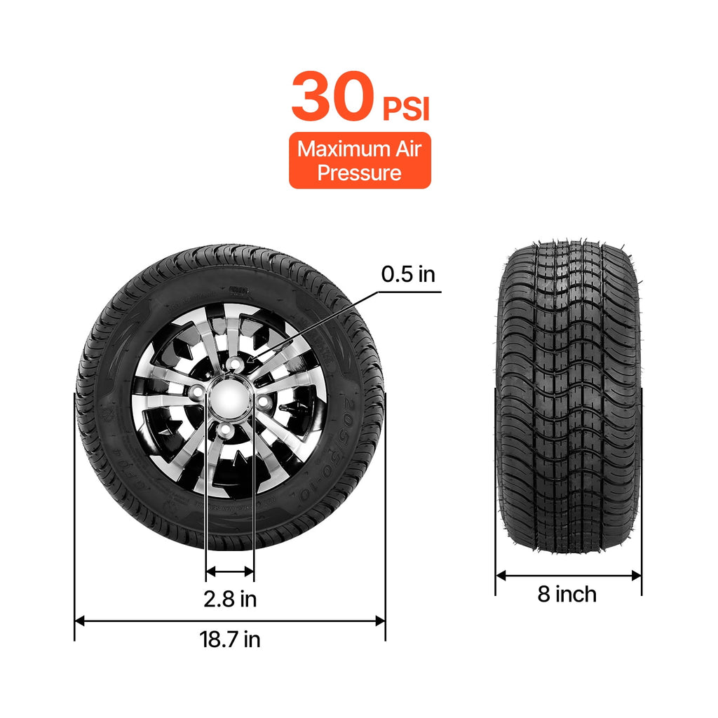 KFFKFF Golf Cart Wheels,10 205/50-10 Aluminum Alloy Golf Cart Tires and Wheels Combo (Set of 4),4-Ply Rubber 4-Lug Lawn Mower Tires & Rims, 675 lbs Load Capacity