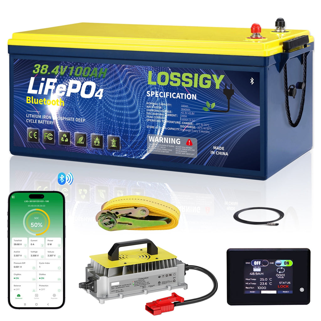 LOSSIGY 36V 100AH Golf Cart Lifepo4 Battery with 36 volt 25A Lithium Charger, Prefect for Trolling Motor, Marine, Boat, Built in 200A Bluetooth BMS, Peak Current 1000A(3-5s), 10 Yrs Lifespan
