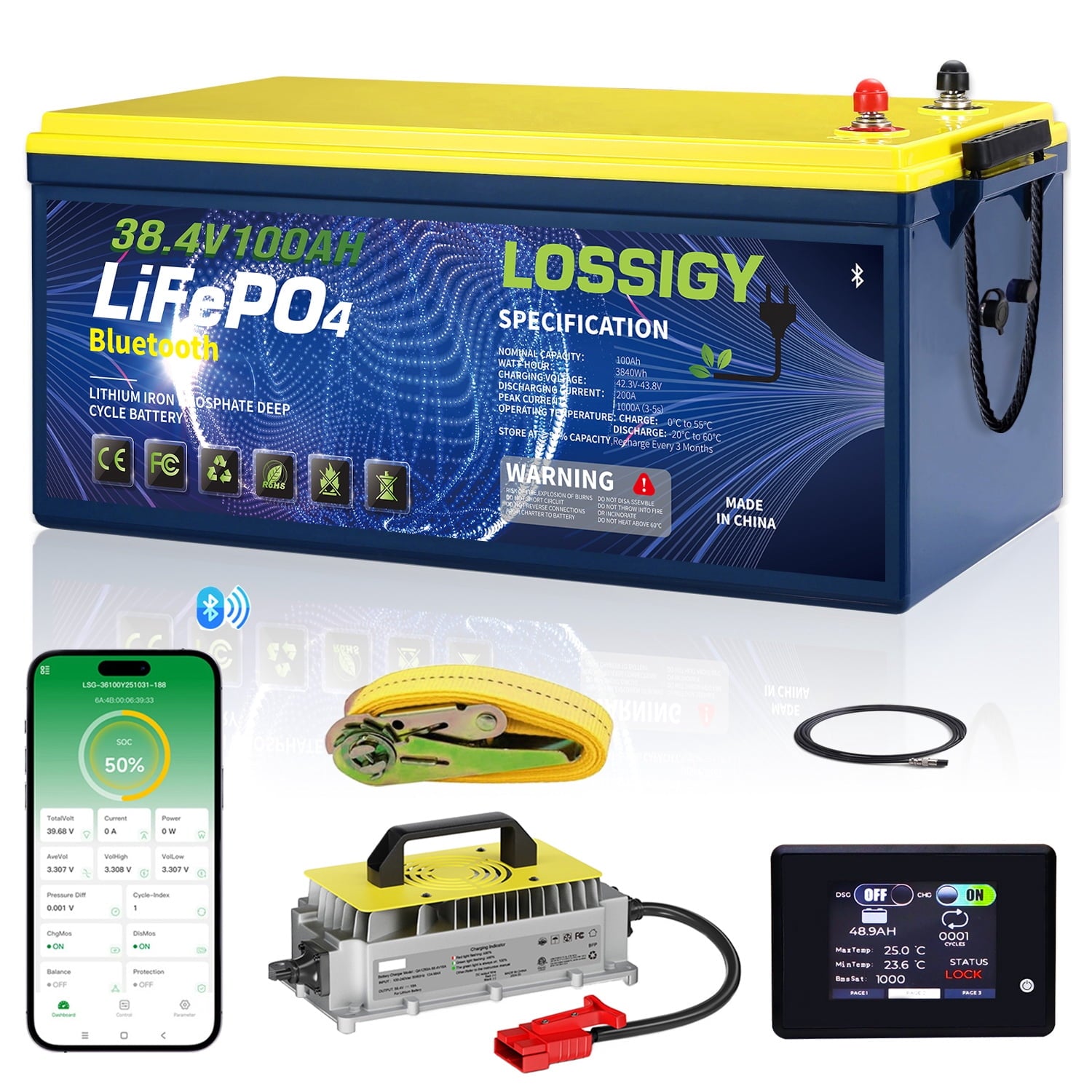 LOSSIGY 36V 100AH Golf Cart Lifepo4 Battery with 36 volt 25A Lithium Charger, Prefect for Trolling Motor, Marine, Boat, Built in 200A Bluetooth BMS, Peak Current 1000A(3-5s), 10 Yrs Lifespan