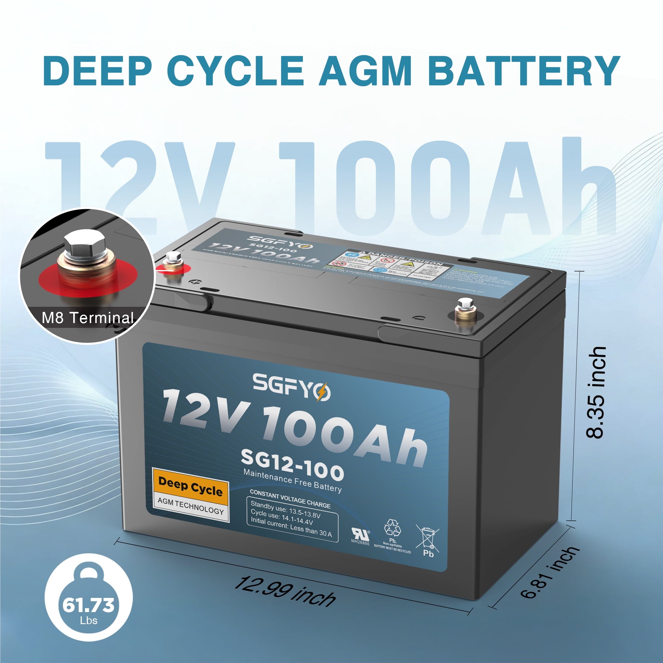 SGFYO 12V 100Ah Deep Cycle AGM Battery,Group Size 27 Maintenance Free for Solar,RV,Golf Cart,Camping,Trolling Motor and More