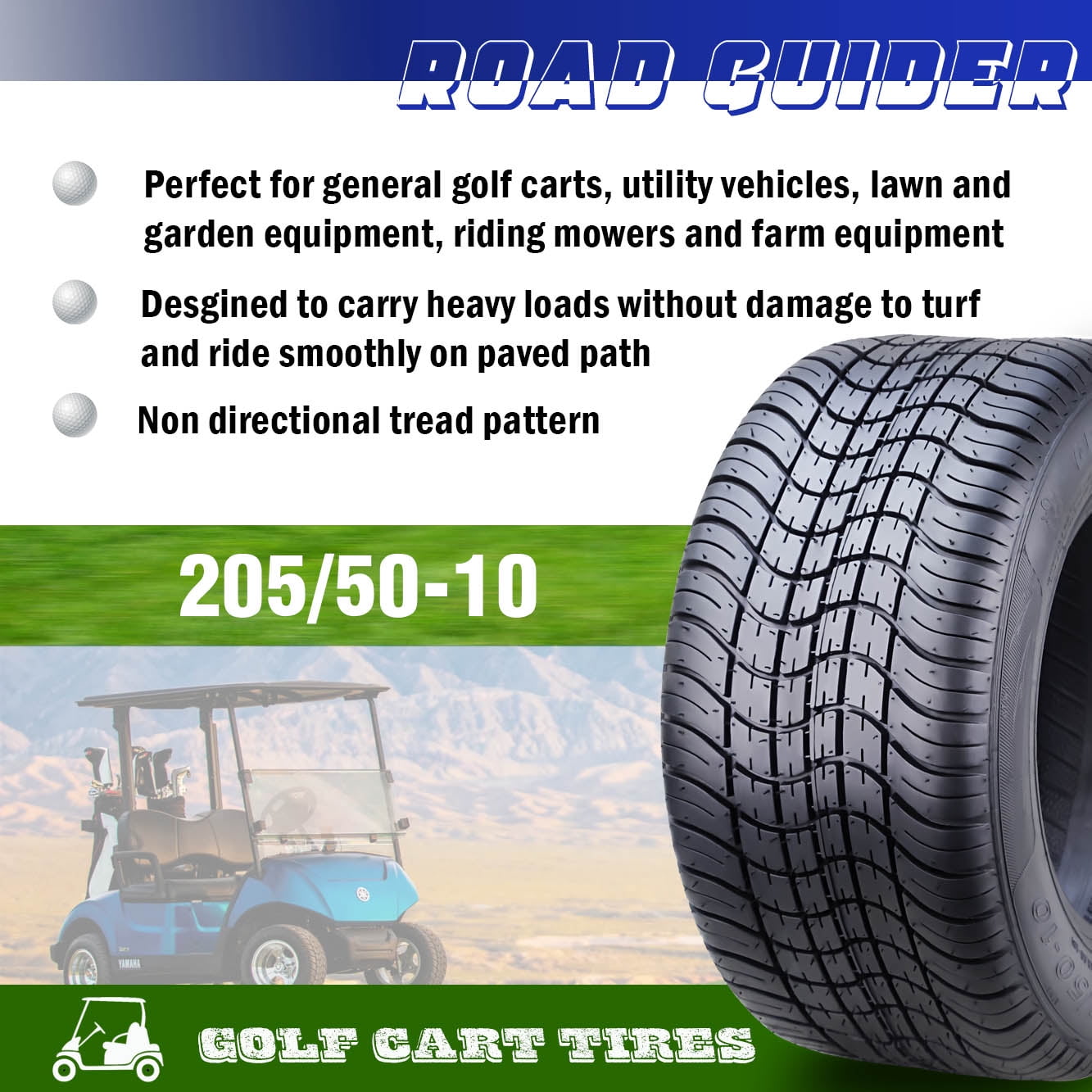 ROADGUIDER 205/50-10 Golf Cart ATV Tires 4 Ply 205/50x10 -Set 2 -14002